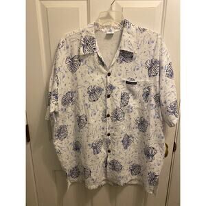 Vintage COJ Apparel Men's Size 3XL White Blue Button Down Shirt Hawaiian